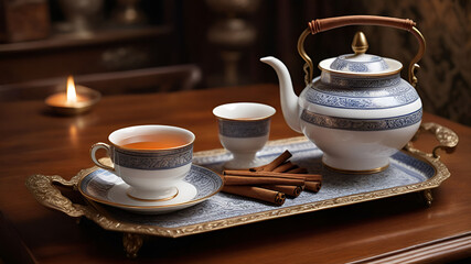 Elegant Tea Setting with Ornate Brass Teapot and Cinnamon Sticks