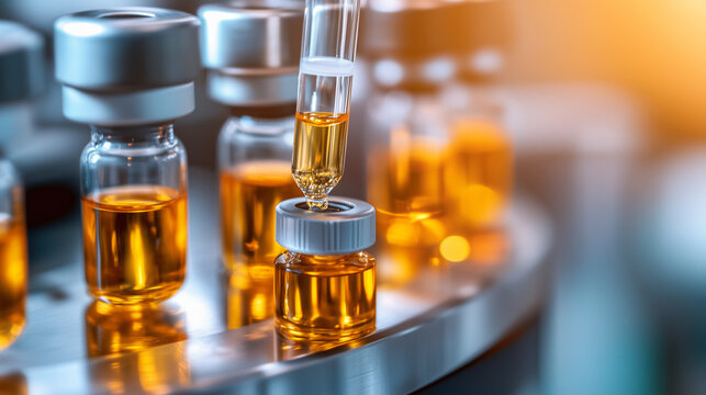 Medical Ampoule Production Line at Modern Modern Pharmaceutical Factory. Glass Ampoules are being Filled. Medication Manufacturing Process.
