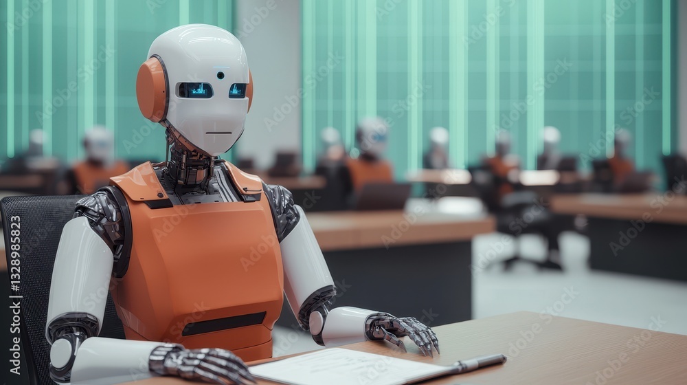 Poster a humanoid robot with a simple face sits in a modern office setting, surrounded by other robots, sug