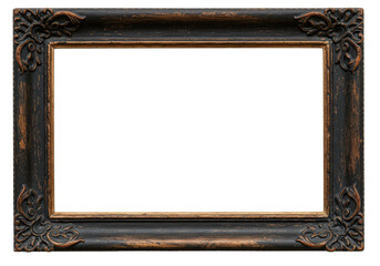 Antique Baroque Picture Frame: Black Wood with Ornate Golden Flourishes.Isolated white background.Full transparent PNG.