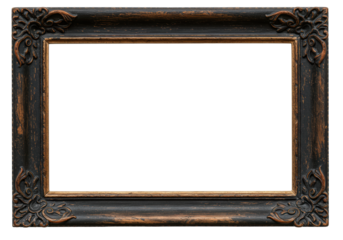 Antique Baroque Picture Frame: Black Wood with Ornate Golden Flourishes.Isolated white background.Full transparent PNG.