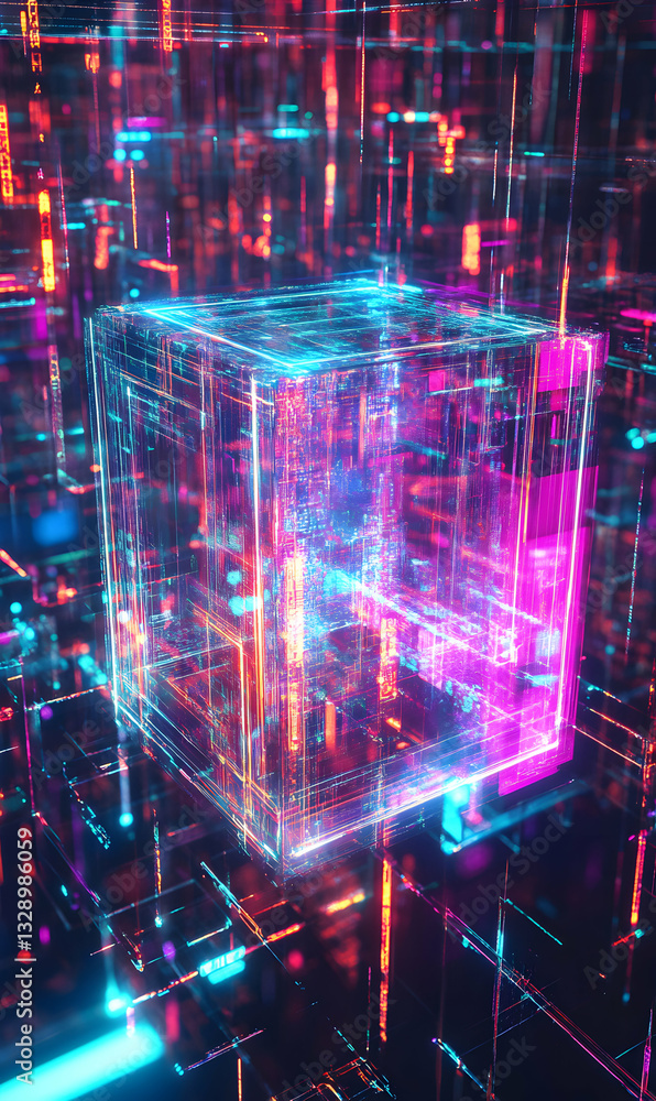 Poster neon lit cube amidst digital grid, representing modern technology and data visualization