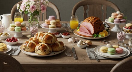 Festive Easter brunch table with ham, hot cross buns, and macarons.