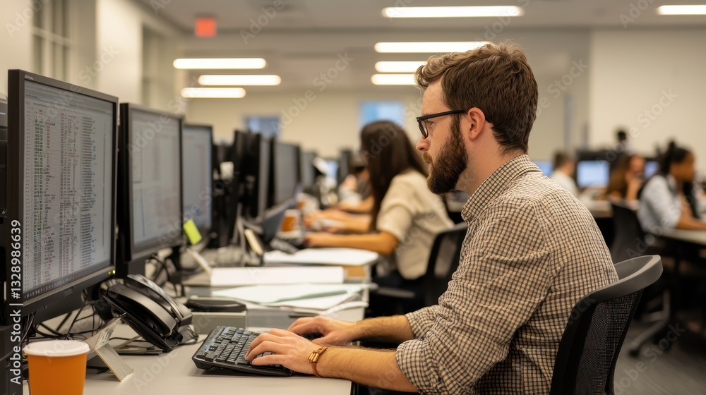 Aufkleber a focused individual works at a computer in a modern office setting, surrounded by colleagues engage