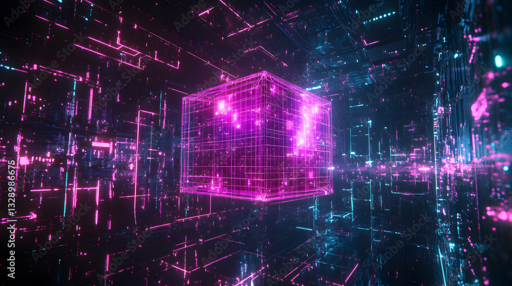 Poster abstract futuristic cube floating in a neon light grid dimension, digital art