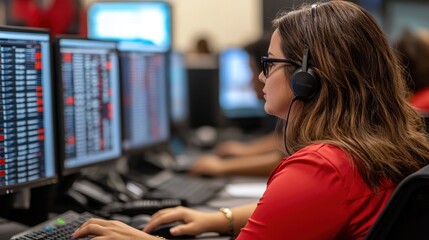 A woman with headphones analyzes data on multiple computer screens in a busy office environment.