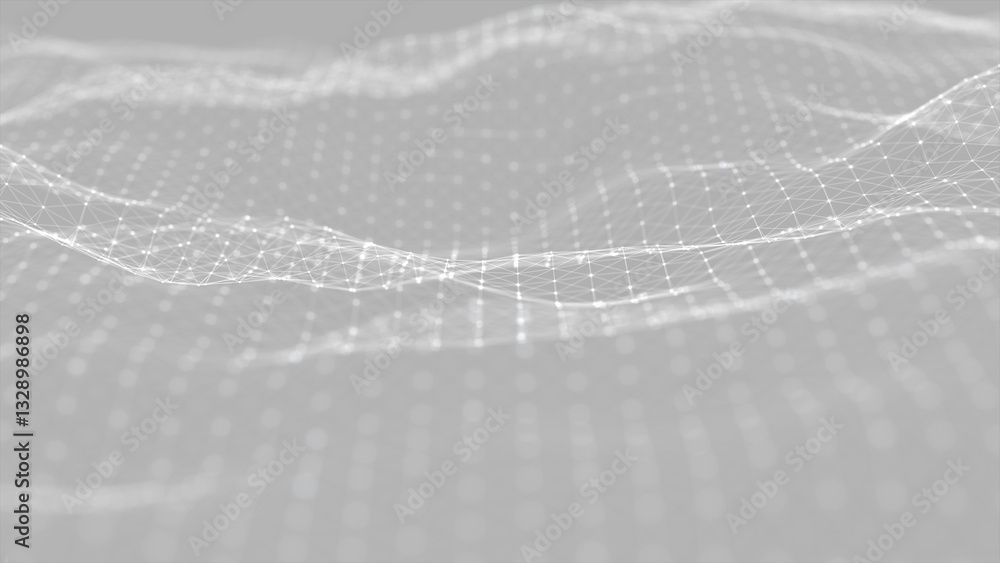 Poster Dynamic wave with connected dots and lines on a white background. Digital particles wave, dots, and lines big data concept. Abstract background. 3D rendering.