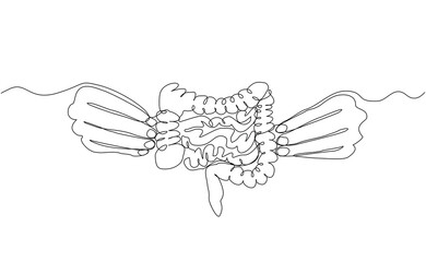 Continuous single line of hand holding intestine bowel colon human biology internal organ medical. Donation donor love charity sketch drawing editable stroke vector illustration