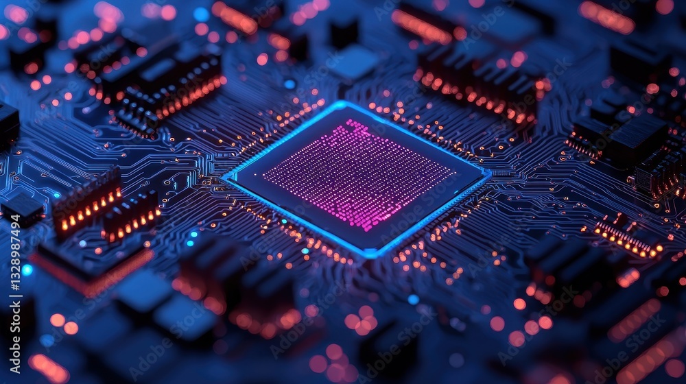 Poster a close-up view of a glowing microchip with intricate circuitry, showcasing vibrant colors against a