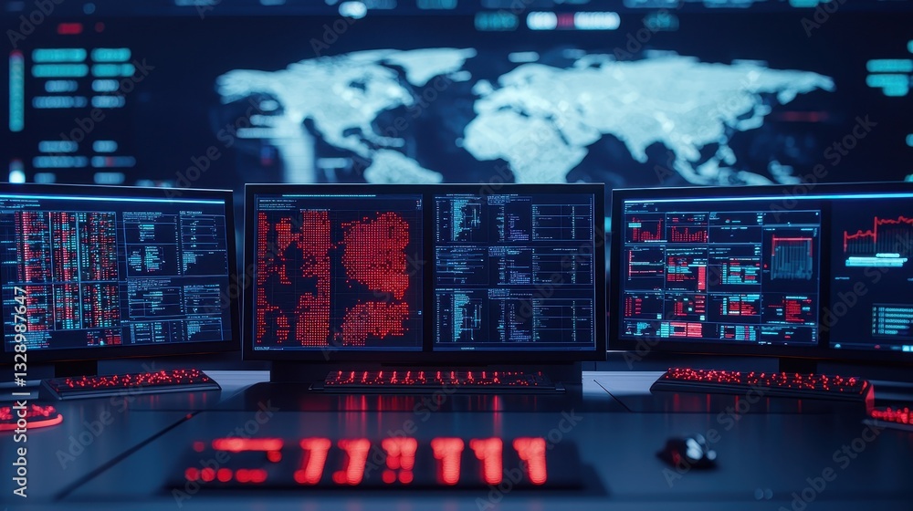 Poster a high-tech control room displaying multiple screens with data, maps, and red alerts, highlighting m