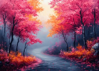 fantasy landscape surreal autumn colors vibrant trees pink red orange yellow misty forest path