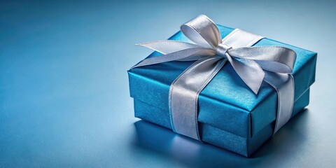 Elegant gift box wrapped in blue paper with a shiny silver ribbon tied in a perfect bow , blue ribbon, gift box design