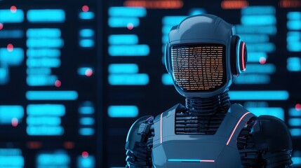 A futuristic robot with a digital face stands in front of a glowing blue backdrop filled with data, showcasing advanced technology and innovation.
