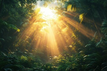 Obraz premium Jungle Sun Rays through Trees Lush Greenery Mystical Rainforest Adventure
