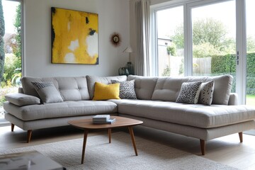 Modern beige sectional sofa in bright living room.