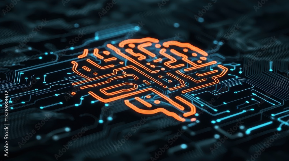 Poster a stylized representation of a neural network or brain circuit, illuminated in orange against a dark