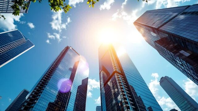Low angle view and lens flare of skyscrapers modern office building city in business center with blue sky 4k Video. generated with AI