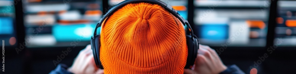 Poster cybersecurity edge immersive tech professional in vibrant orange beanie navigating digital workstati