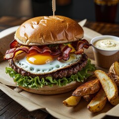 A delectable beef burger with a perfectly fried egg, crispy bacon, melted cheese, and fresh lettuce, all stacked in a soft bun. The meal is neatly packed in a take-out box with a side of crispy potato