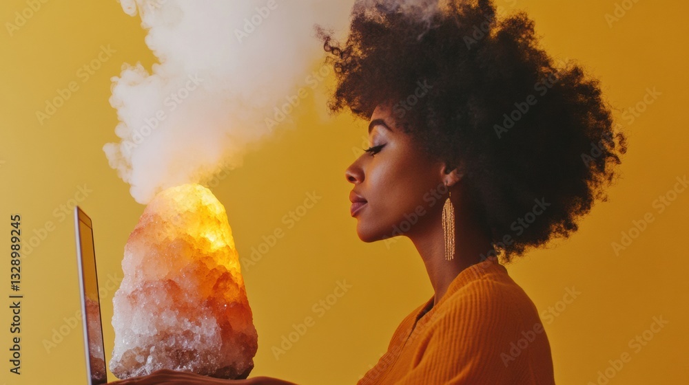 Poster digital meditation meets fire and tech surreal remote work aesthetic exploring creativity, mindfulne
