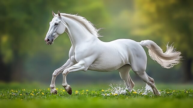 Majestic white stallion galloping in a green field.