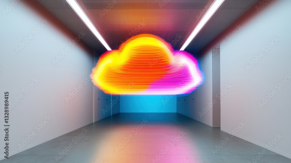 Poster Futuristic Cloud Computing Visualization Vibrant Neon Data Nexus Illuminating Digital Transformation Corridor with Immersive AI-Driven Architectural Design