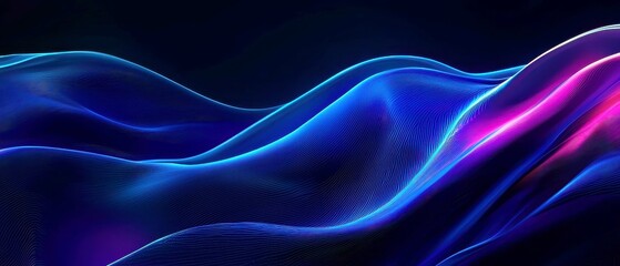 Obraz premium Vibrant Abstract Gradient Waves, flowing neon colors transition from Royal Blue to Steel Blue on a deep black background, featuring a grainy texture and modern minimalist aesthetic.