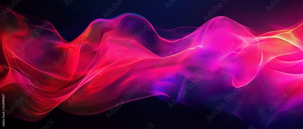 Poster vibrant neon gradient flow on black background, abstract wave with smooth transitions of raspberry, 