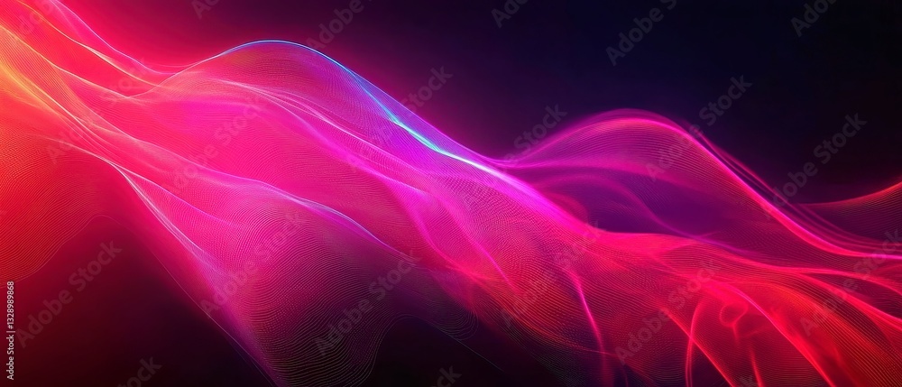Poster vibrant neon gradient flow on black background, abstract wave with smooth transitions of raspberry, 