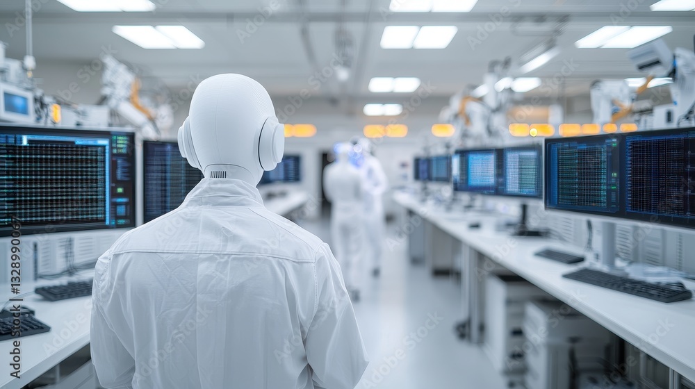 Aufkleber a high-tech laboratory scene featuring individuals in white protective suits, working with advanced 
