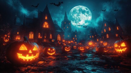 Spooky Halloween Village with Glowing Jack-o'-Lanterns and Eerie Houses at Night