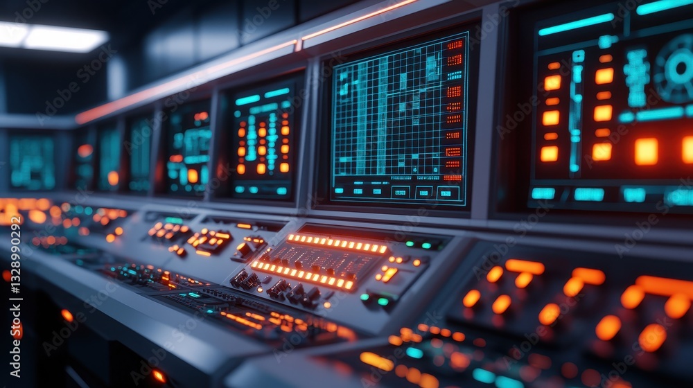 Aufkleber a futuristic control panel featuring glowing buttons and screens, showcasing advanced technology and