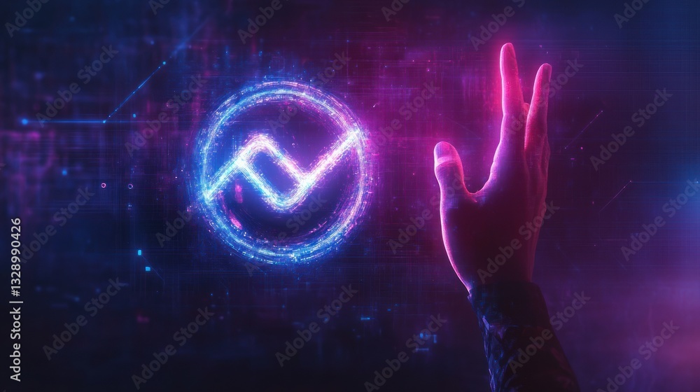 Poster futuristic digital connection hand touching infinite symbol in cyberpunk world modern virtual realit