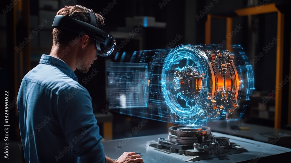 Poster a fully digitized factory floor hosts a male engineer in vr as he refines the intricate gears and pi