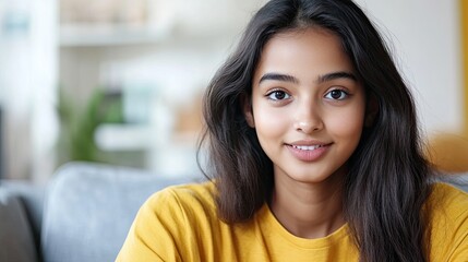Pretty Indian woman lead online talk sit on sofa at home, look at camera with serious expression while explain, tell news, record videovlog for channel. Social media icon, opinion, experience sharing 