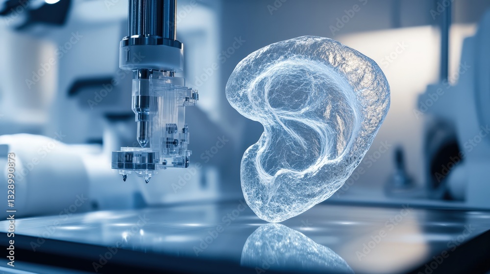 Poster ai-powered 3d printer carefully layering living cells to construct a bioengineered ear with precise 