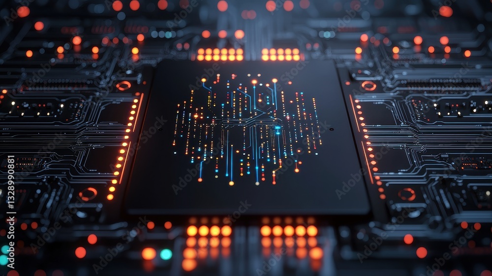 Poster a close-up view of a circuit board with intricate patterns and glowing lights, showcasing technology