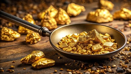 Golden nugget being mined with a large metal detector and gold pan nearby