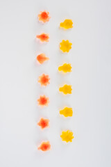 Assorted gummy candies, Juicy colorful jelly sweets. Gummy candies on white background