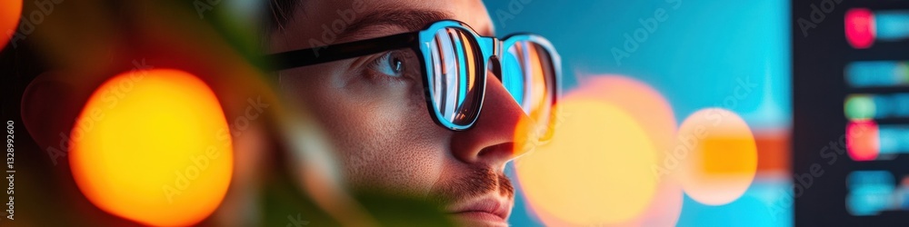 Poster Immersive Tech Workflow Next-Gen Developer Analyzing Complex Code Architecture with AI-Enhanced Visualization in Dynamic Cyberpunk-Inspired Digital Workspace