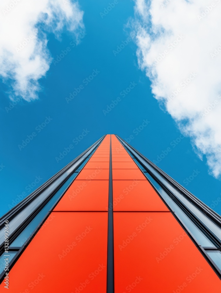 Aufkleber bold geometric architecture futuristic urban perspective with vibrant orange facade and dynamic mini