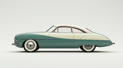 Fototapeta premium Side profile of a vintage teal and cream coupe on a white background.