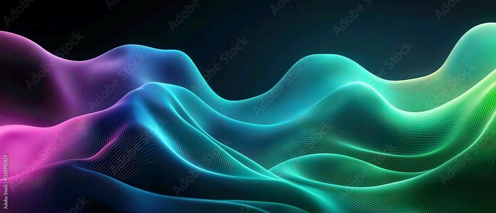 Poster vibrant neon gradient texture with soft waves, smooth transitions from gray to green on deep black, 