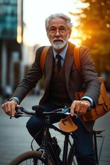 Fototapeta premium Senior businessman in suit riding bicycle hurriedly checking wristwatch on commute in modern city at golden hour
