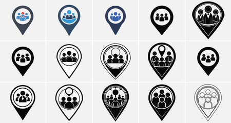 Group Location Icons Set – Community, Team, and People GPS Markers