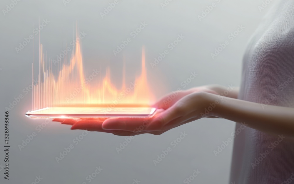Poster Futuristic Digital Device with Holographic Graph and Minimalist Design for Business Analysis and Financial Growth