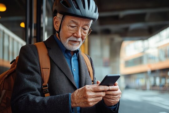Elderly businessman with helmet checking smartphone while pushing bicycle in urban setting
