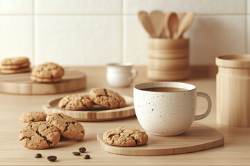 Cup of coffee standing on wooden stand on table next to oatmeal cookies