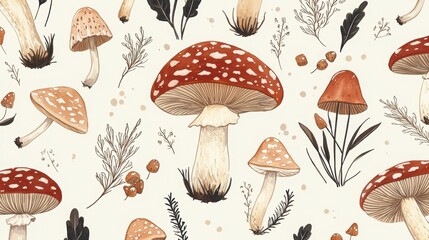 A vibrant illustration of various mushrooms, showcasing their unique shapes and colors against a light background, surrounded by delicate plants and herbs.