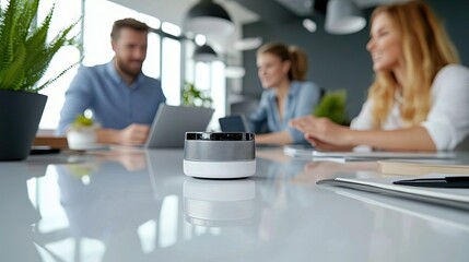 Three young colleagues professionals engaged in discussion related to work matters gathered around conference table, exchanging ideas, share creative solutions and strategies to achieving common goal